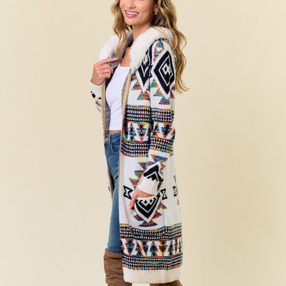 ON BLUE Rainbow Aztec Print Zip-Up Cardigan: Faux Fur Lined Hooded Cardigan Coat - Picture 7 of 15